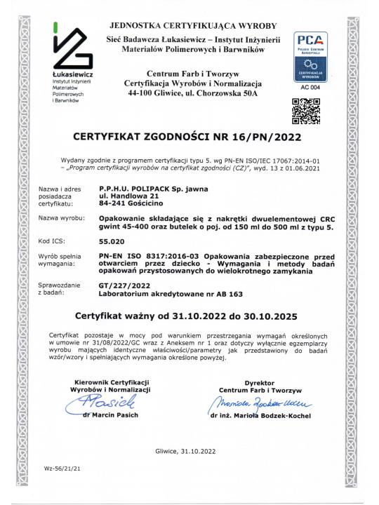 Certyfikat Zgodności Opakowań CRC