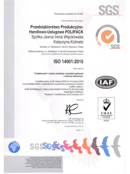 Certyfikat Zarządzania Środowiskowego ISO 14001:2015