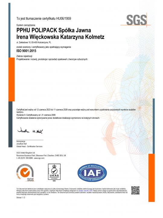 Certyfikat Systemu Jakości ISO 9001:2015