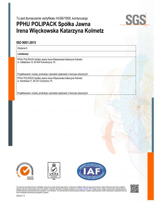 Certyfikat Systemu Jakości ISO 9001:2015