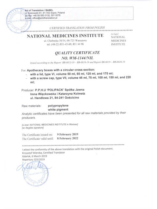 Certificate of the National Drug Institute