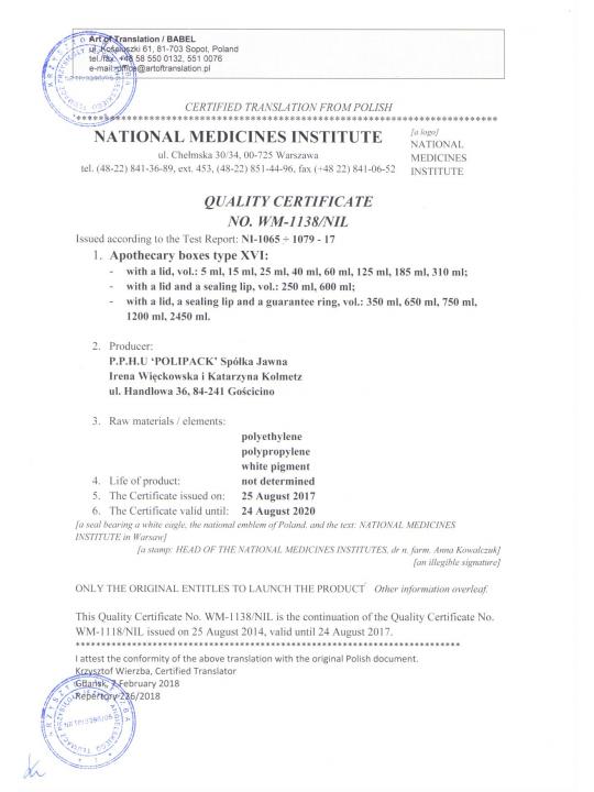 Zertifikate des Nationalen Institutes für Arzneimittel